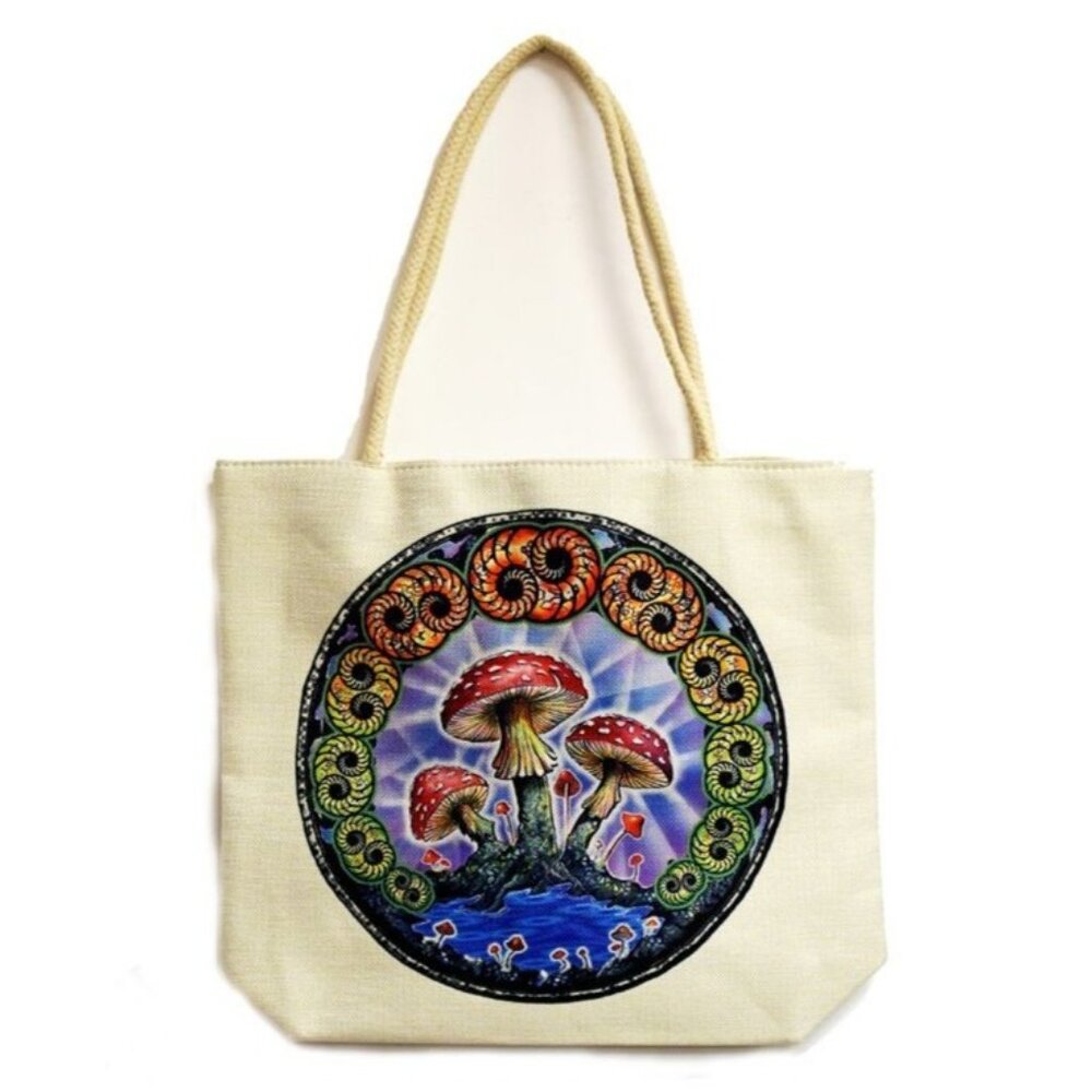 New Mushroom Island Jute Bag Large Tote Shoulder Shopping Magic Mushrooms Retro - Picture 1 of 2